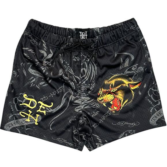 Ed Hardy Men's Panther Gold Metallic Foil Logo Double Ply Mesh Shorts in Black